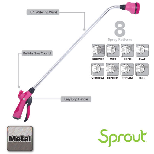 The image shows a 33" metal watering wand with a pink easy grip handle and built-in flow control. It features 8 spray patterns for gardening, branded "Sprout".