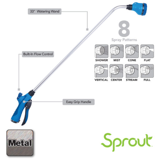 This is a product image showing a 33-inch metal watering wand with an easy grip handle and built-in flow control, featuring eight different spray patterns.