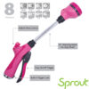 This image shows a 15-inch pink watering wand with an adjustable head offering 8 spray patterns. It features a trigger with flow control and a lock.