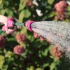 Raspberry Red Sprout Watering Wand spraying a shower spray in front of flowers