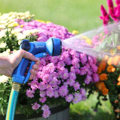 A person is holding a blue and black garden hose nozzle, watering vibrant pink and orange flowers in bright sunlight. The water is spraying out in a fine mist.