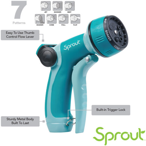 This image shows a teal-colored garden hose nozzle with 7 spray patterns, a thumb control flow lever, and a built-in trigger lock by "Sprout."