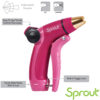 The image shows a pink and gold metal garden hose nozzle branded 