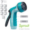 This image features a turquoise and black garden hose nozzle branded 