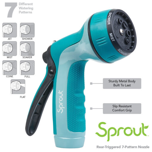 This image features a turquoise and black garden hose nozzle branded "Sprout" with seven selectable spray patterns and a rear trigger, emphasizing its slip-resistant grip and metal body.