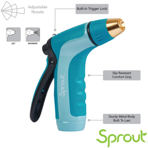 This is an image of a teal and black garden hose nozzle with features labeled: adjustable nozzle, trigger lock, comfort grip, sturdy metal body. Brand: Sprout.