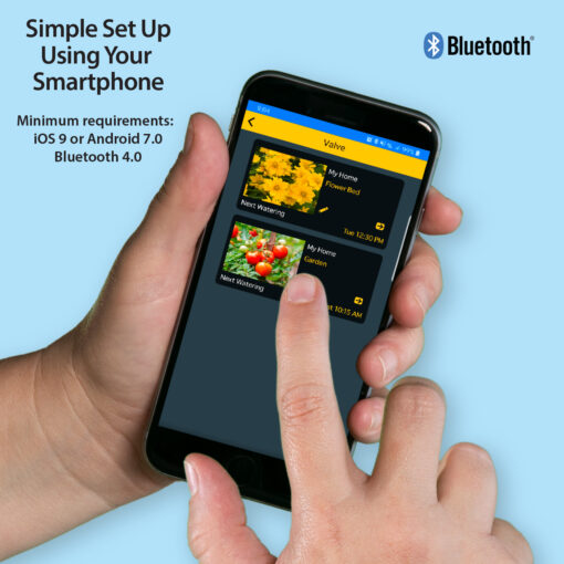 A person is holding a smartphone displaying an app interface for controlling valves with Bluetooth. Text highlights simple setup using smartphones and system requirements.