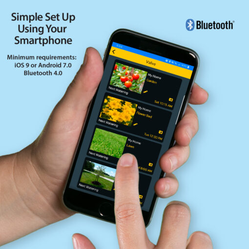 A person's hand holds a smartphone displaying an app for controlling a garden irrigation system. The ad emphasizes easy Bluetooth setup and minimum system requirements.