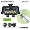 This is an advertisement for a Melnor 4-Zone Water Timer with Bluetooth connectivity, featuring one-touch manual watering, angled valves for easy installation, and customizable scheduling options.