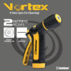 This image features a black and yellow Melnor Vortex garden hose nozzle with ergonomic design, advertising 