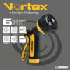 This is an advertisement for Melnor's Vortex hose nozzle with six spray patterns, showcasing its versatility for different cleaning tasks. The product is black and yellow.