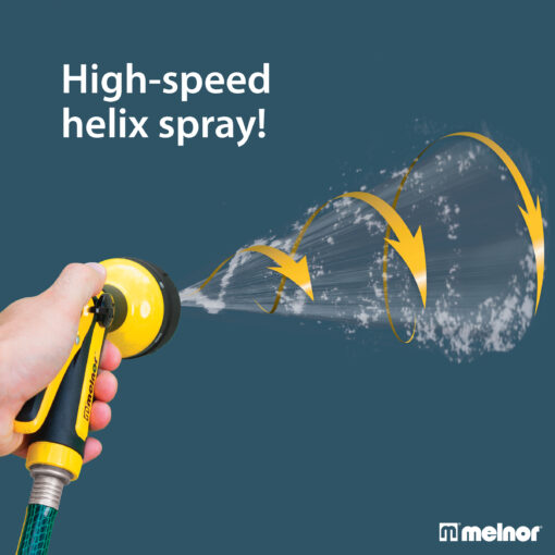 A hand is holding a yellow nozzle with a helix spray pattern emerging, accompanied by the text "High-speed helix spray!" against a blue background.