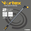 This is an advertisement for a Vortex cleaning wand by Melnor, featuring a two-pattern (vortex and jet) water spray for cleaning, set against a gray background.