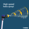 This image features a garden hose nozzle with a high-speed helix spray pattern. Yellow arrows illustrate the water's swirling motion. The Melnor brand is visible.