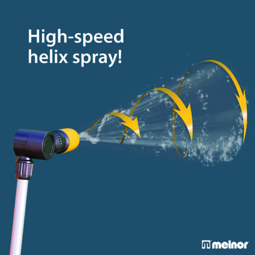 This image features a garden hose nozzle with a high-speed helix spray pattern. Yellow arrows illustrate the water's swirling motion. The Melnor brand is visible.