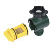 This image shows a disassembled garden hose quick connector with a green and black female part and a yellow male part with a mesh filter.