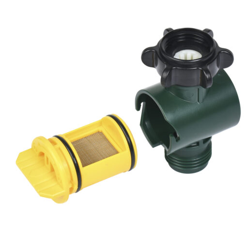 This image shows a disassembled garden hose quick connector with a green and black female part and a yellow male part with a mesh filter.