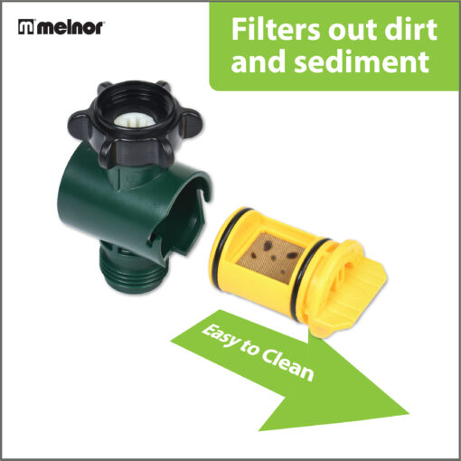 This image shows a green and black hose attachment with a removable yellow filter, advertised as easy to clean and capable of filtering out dirt and sediment.