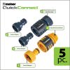 This image shows a 5-piece Melnor Quick Connect set for garden hoses, including adapters for faucets and products, with labels and a green background.