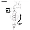 This is a diagram showing a Melnor-brand four-way tap adapter for hoses. It illustrates the adapter's ability to rotate 360 degrees and indicates water flow direction.