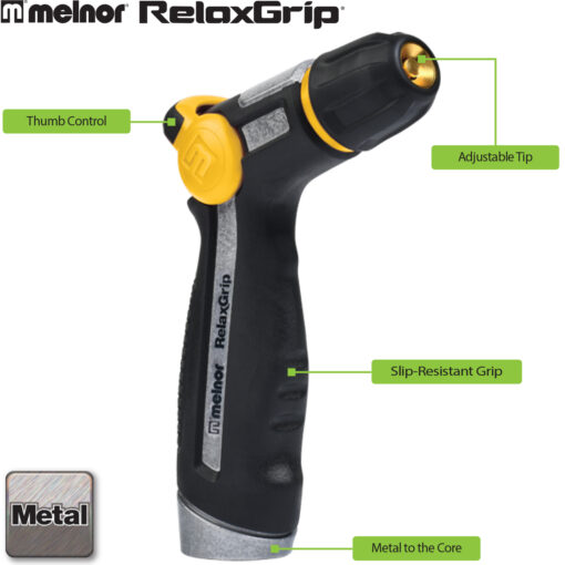 This image shows a Melnor RelaxGrip garden hose nozzle with features labeled: thumb control, adjustable tip, slip-resistant grip, and metal to the core.