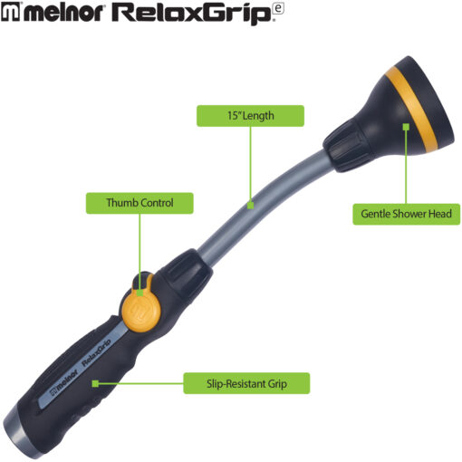 This image shows a garden hose nozzle with features labeled: 15" length, thumb control, gentle shower head, and slip-resistant grip by Melnor RelaxGrip.