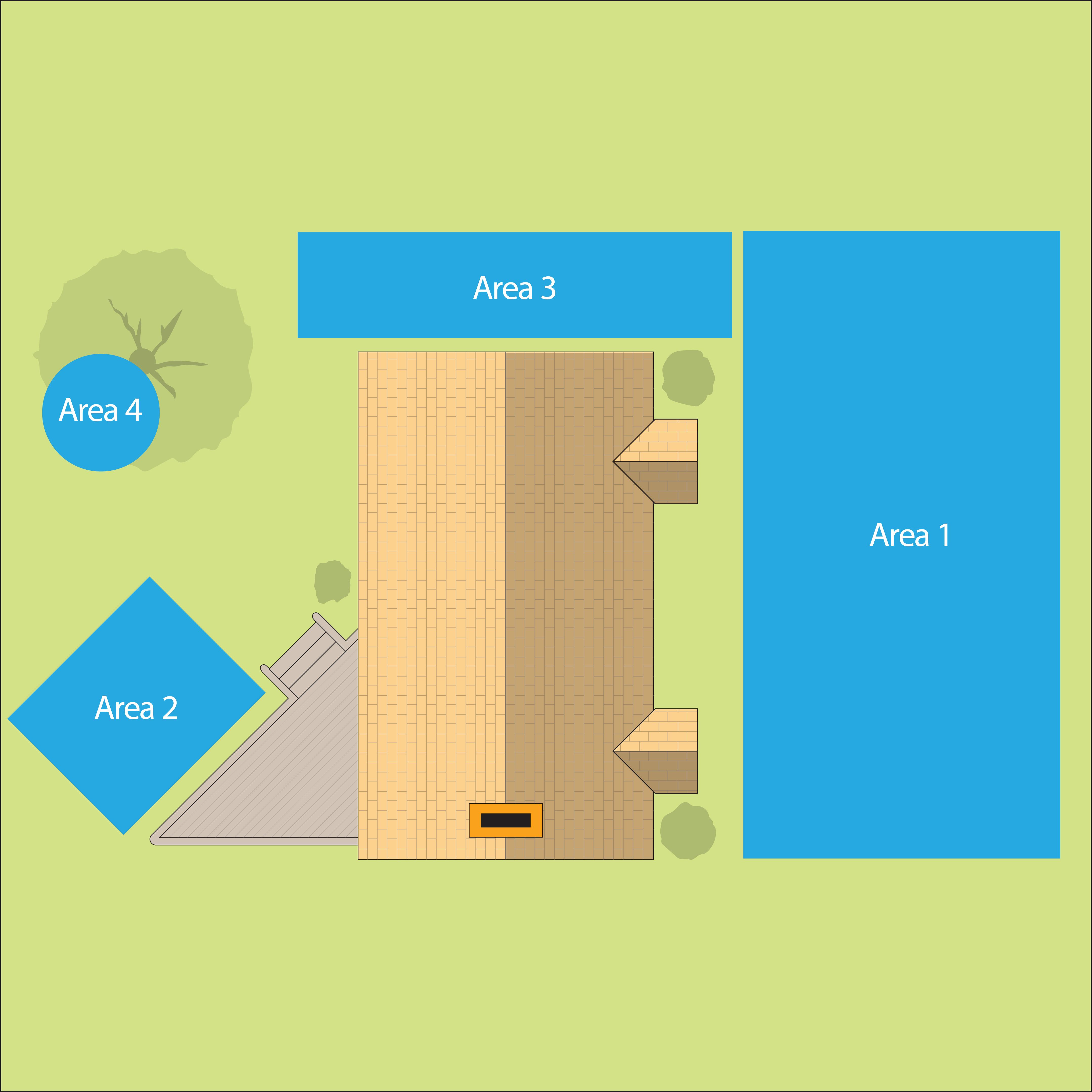 This is a simplified layout of a building and its surrounding areas, designated as Area 1 to 4, with colors differentiating the zones, including green spaces and walkways.