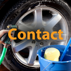 The image shows a close-up of a car wheel being washed, with a hose, water, a sponge, a bucket, and the word "Contact" overlaid in orange.