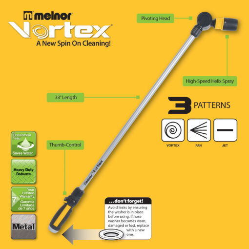 This image features a 33-inch Melnor Vortex cleaning wand with a pivoting head, thumb-control for water flow, and three spray patterns: vortex, fan, and jet.