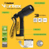 The image features a black and yellow Melnor Vortex garden hose nozzle with features labeled, like high-speed helix spray, three spray patterns, and a rubberized grip.