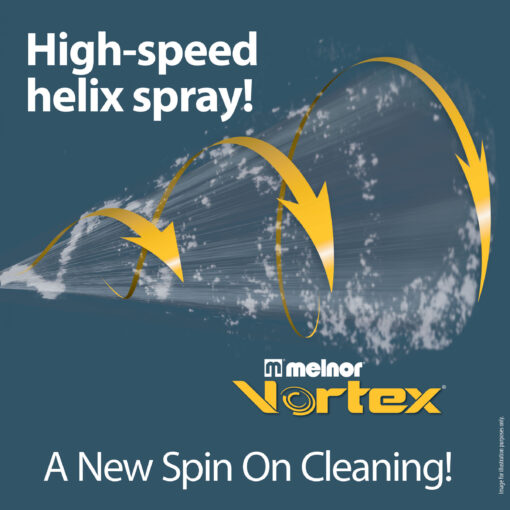 This image displays an advertisement for the Melnor Vortex, touting a "high-speed helix spray" with the slogan "A New Spin On Cleaning!" in bold text.