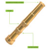 This is an image of a 7-inch long solid machined brass garden hose nozzle, featuring a textured grip design and an adjustable spray pattern from mist to jet stream.