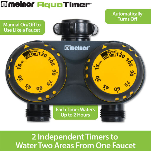 The image displays a dual-outlet Melnor AquaTimer for hoses with adjustable dials, promoting manual operation, automatic shutoff, and two-hour individual zone timers.