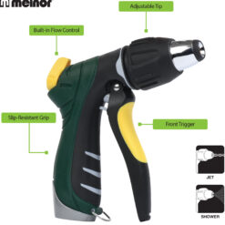 This image depicts a green and black Melnor brand garden hose nozzle with various features labeled including an adjustable tip, slip-resistant grip, front trigger, and built-in flow control.