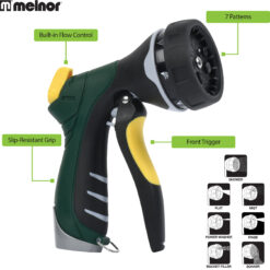 This is an image of a green and black Melnor brand garden hose nozzle with a front trigger, slip-resistant grip, built-in flow control, and seven patterns.