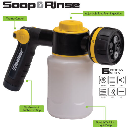 This is an image of a multi-pattern hose nozzle with a built-in soap dispenser. Features include adjustable soap action, thumb control, and a slip-resistant grip.