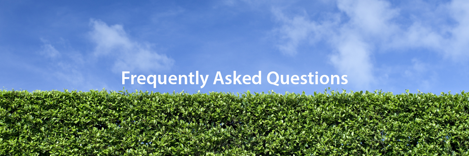 The image shows a neatly trimmed hedge under a clear blue sky. White text on the hedge reads "Frequently Asked Questions."