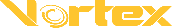 This is a graphical logo featuring the word "Vortex" in a bold, sans-serif font, with yellow letters on a black background, incorporating a spiral design into the letter 'O'.