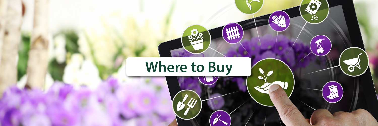 A person is using a tablet with icons and the text "Where to Buy" on the screen, suggesting online shopping for gardening supplies, against a floral backdrop.