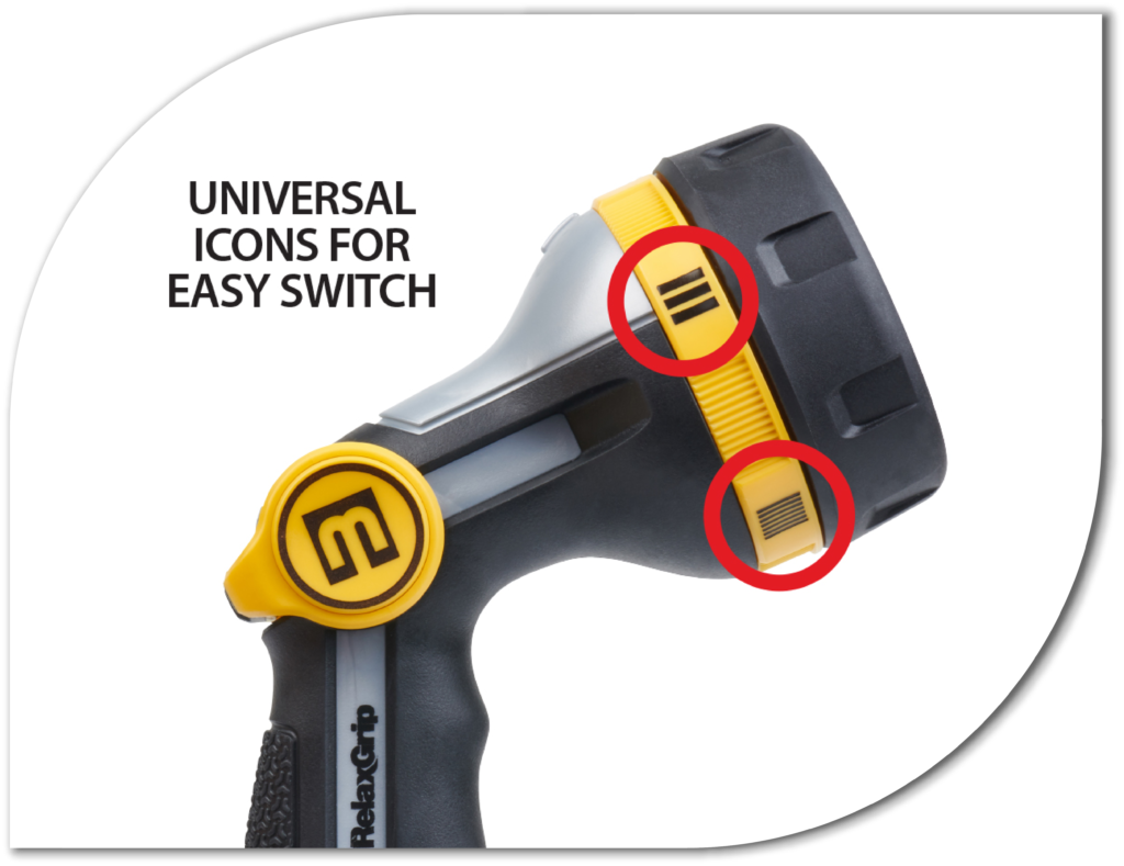 The image shows a close-up of a black and grey power drill with yellow accents, highlighting universal icons intended to indicate easy switching functionality.