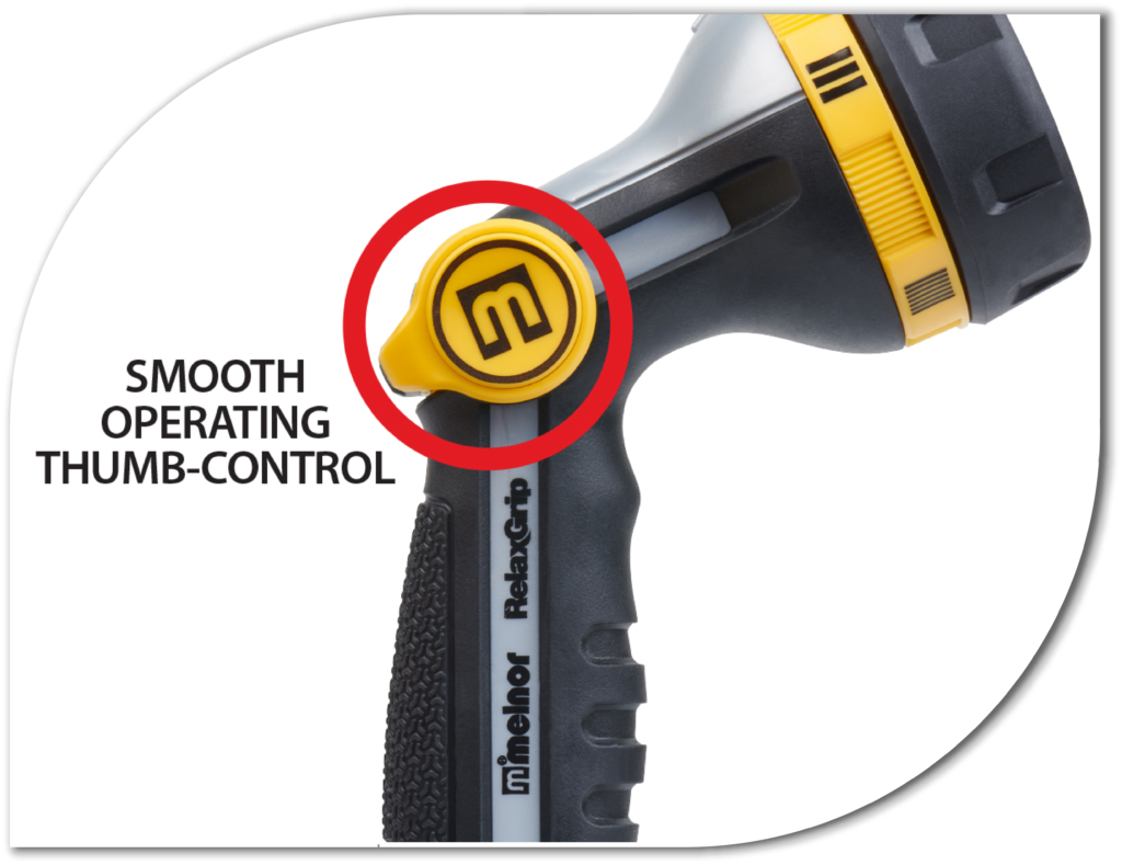 A close-up image of a yellow and black power drill highlighting the thumb-control button with a red circle and a label "Smooth Operating Thumb-Control."