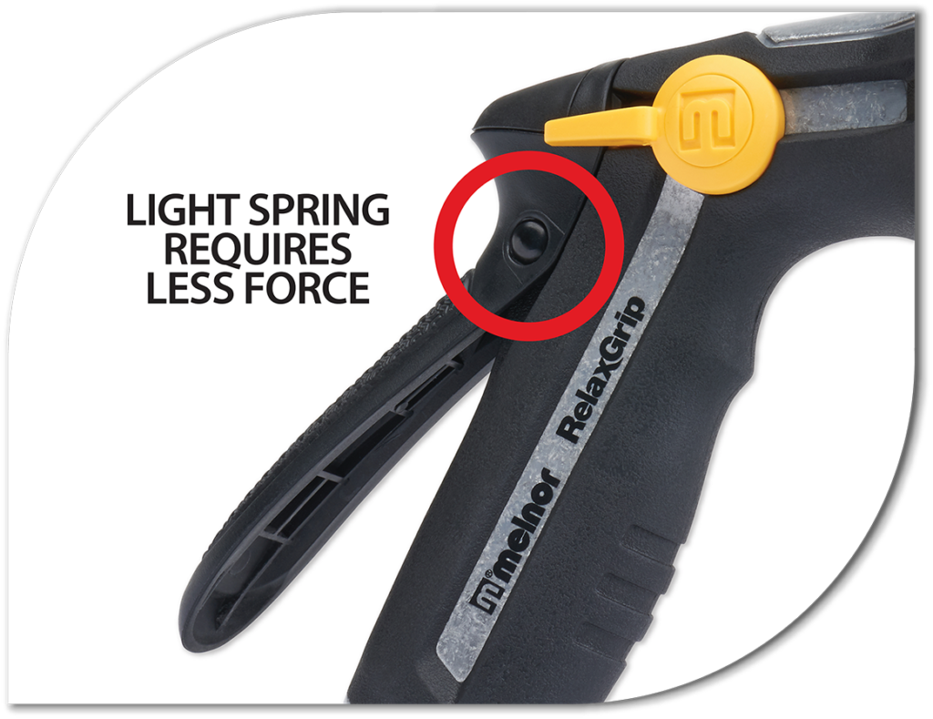 This is a close-up image of a black garden pruner handle with a yellow adjuster, highlighting its light spring feature, which requires less force to operate.