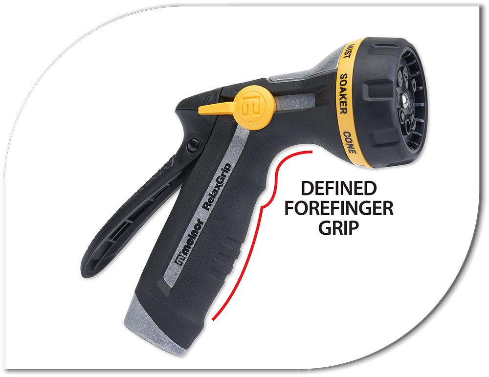 This image shows a black and yellow garden hose nozzle with a defined forefinger grip highlighted in red. It features adjustable spray patterns and ergonomic design.