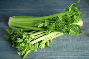 A bunch of fresh, green celery stalks with leafy tops is lying on a dark wooden surface, presenting a healthy, organic, and natural food ingredient.