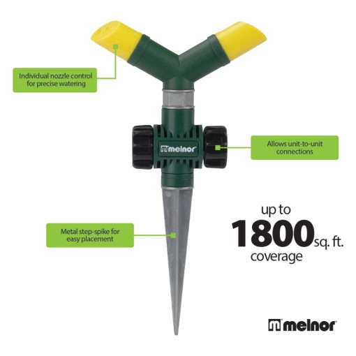 The image shows a green and yellow Melnor rotating sprinkler with a metal spike base, individual nozzle controls, and can cover up to 1800 square feet.