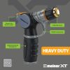 This is an image of a heavy-duty Melnor XT metal hose nozzle with labeled features like easy-to-use thumb control, adjustable spray, and a rubberized grip.