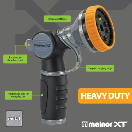 This image shows a heavy-duty Melnor XT metal garden hose nozzle with a rubberized grip, thumb control, hanging loop, and 10 spray patterns.