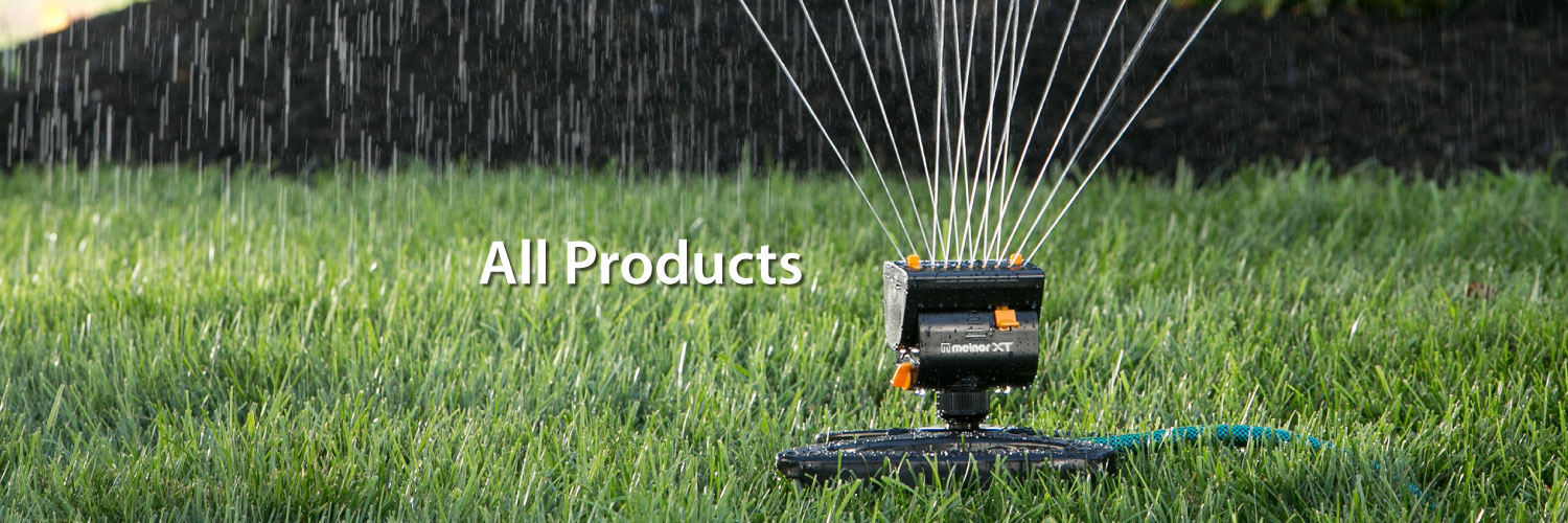 An oscillating lawn sprinkler is watering a lush green lawn with a mist of water. The phrase "All Products" overlays the upper portion of the image.