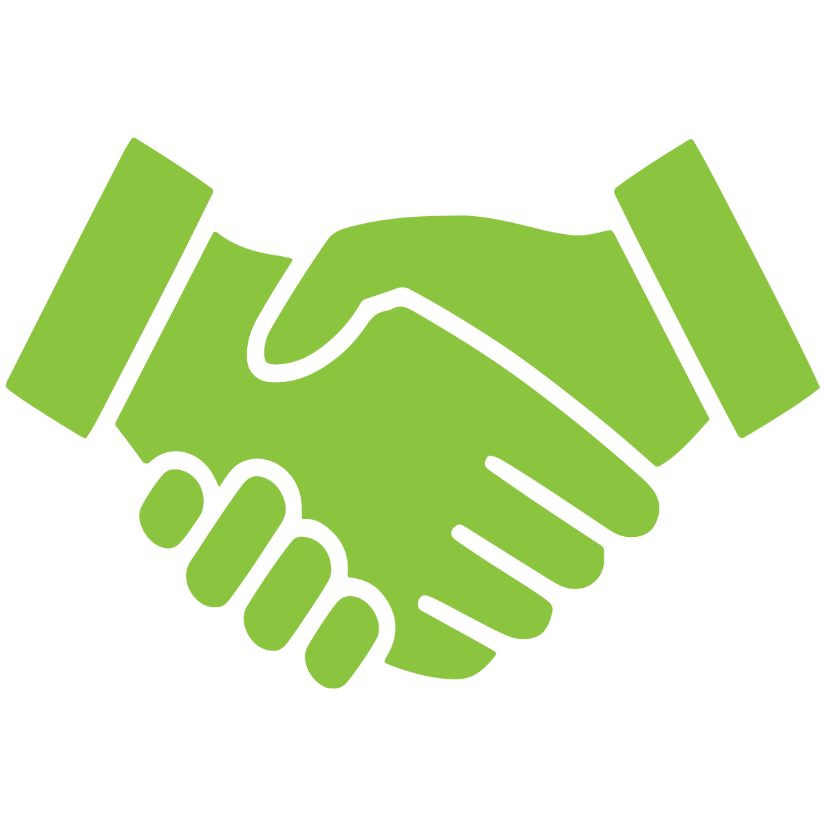 The image shows a stylized green handshake graphic against a black background. Two hands are clasped in a symbol of agreement or partnership.