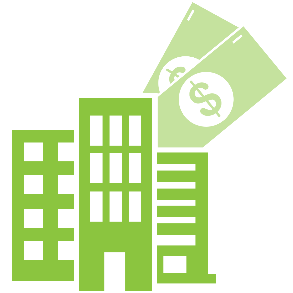 The image features a stylized green illustration with two buildings and a large banknote leaning on them, symbolizing financial themes like economy, business, or banking.